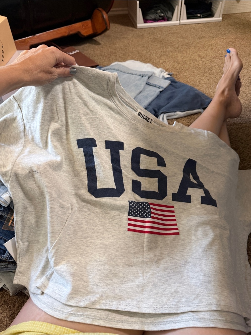 Women’s 'USA' Graphic Tee - Light Gray with Navy & Red cropped